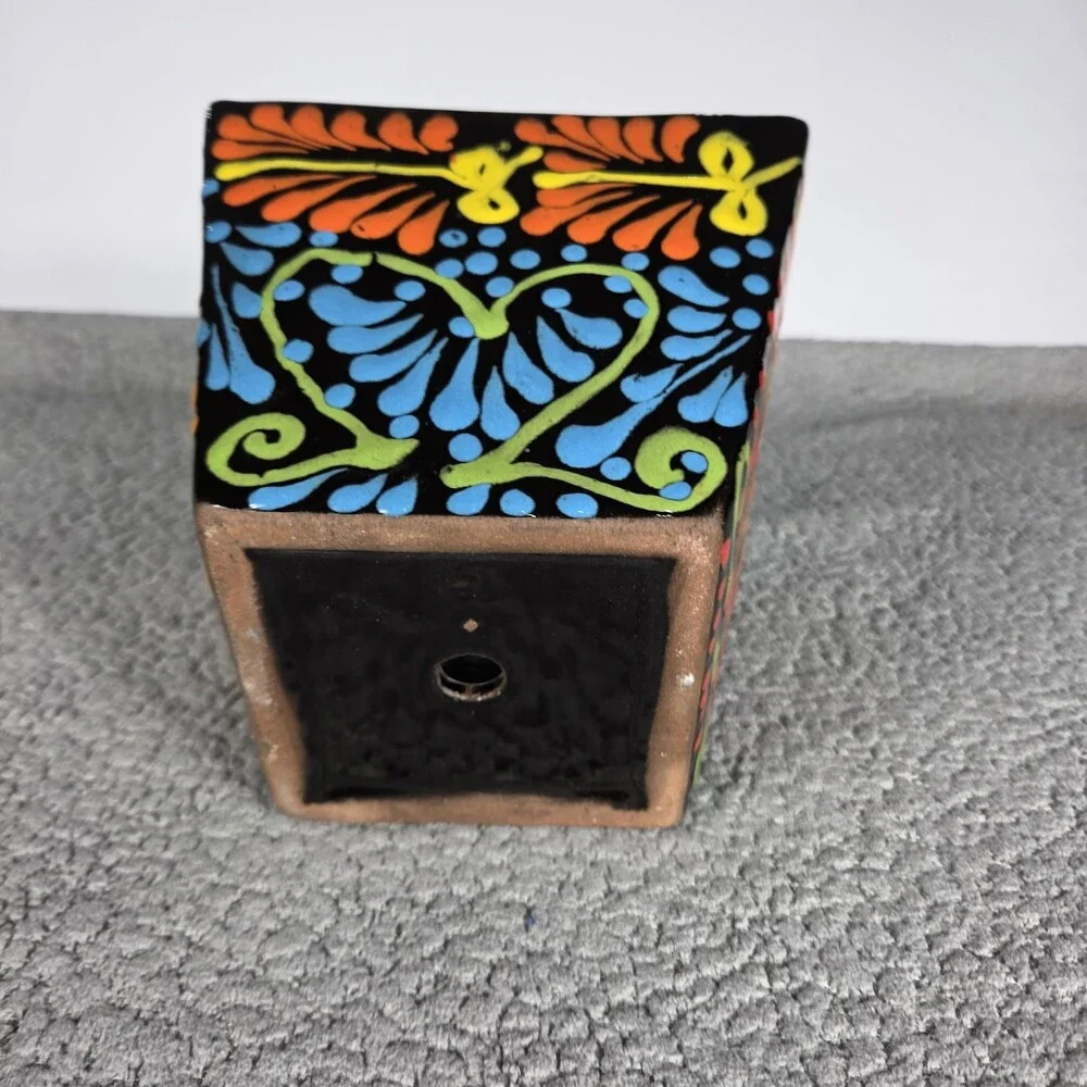 Black Square Planter Hand Painted Mexican Art Clay Pot